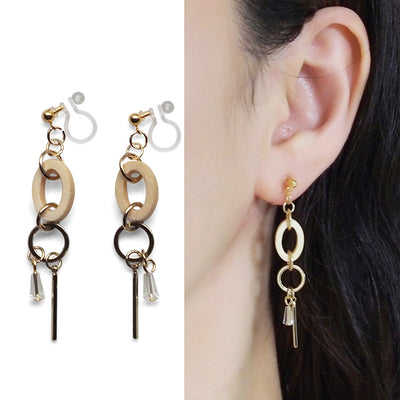 Beige Wood and Gold Hoop Invisible Clip On Earrings - Miyabi Grace