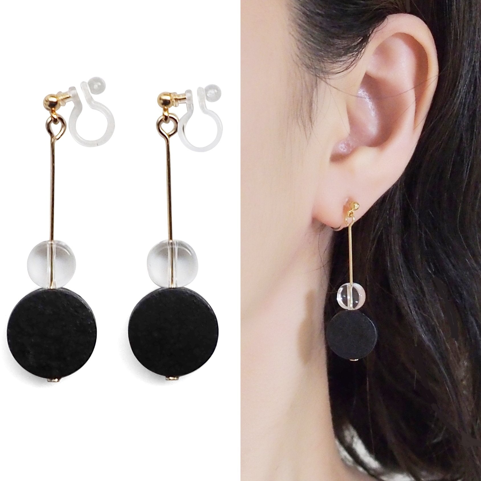 Black Wood and Clear Disk Invisible Clip On Earrings - Miyabi Grace