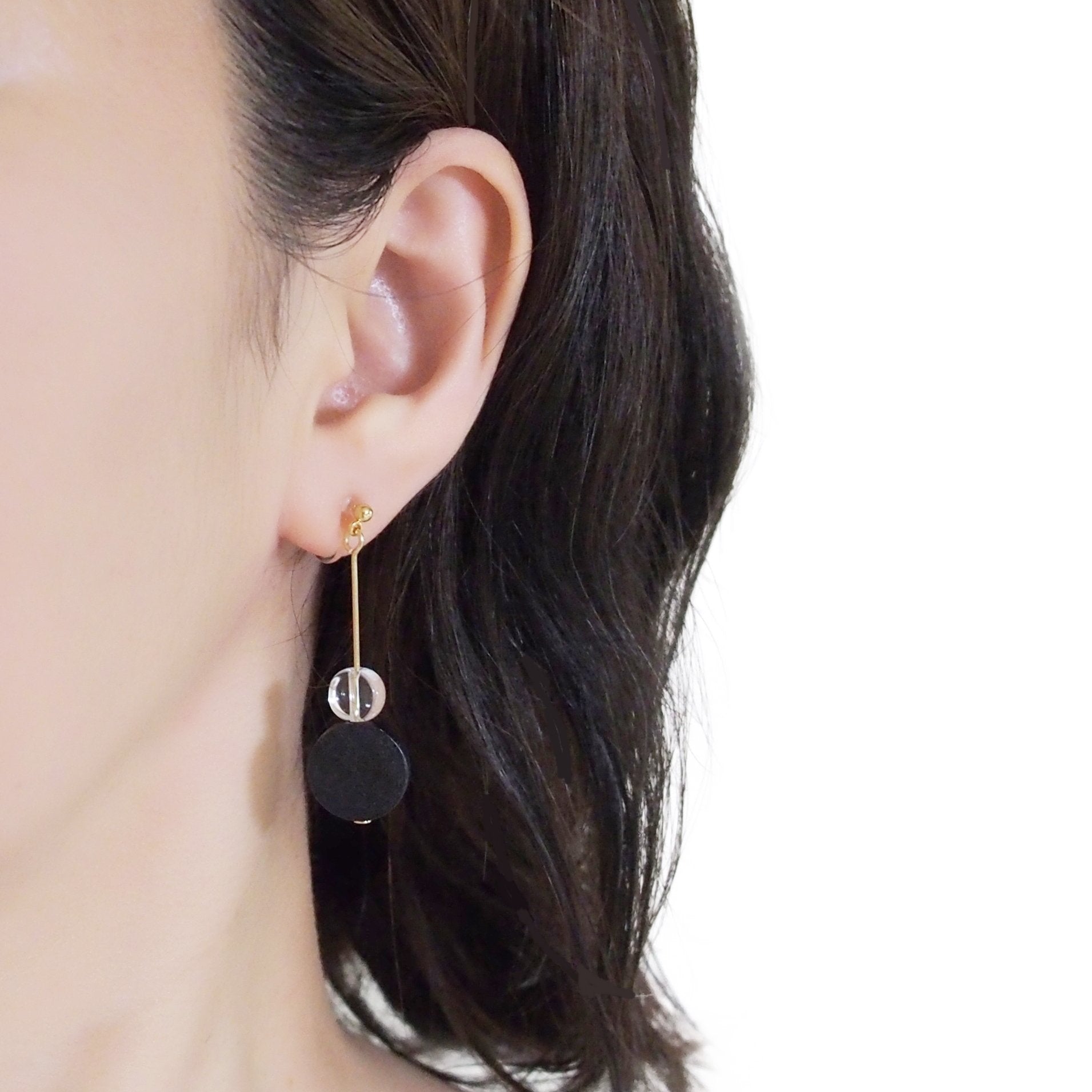Black Wood and Clear Disk Invisible Clip On Earrings - Miyabi Grace