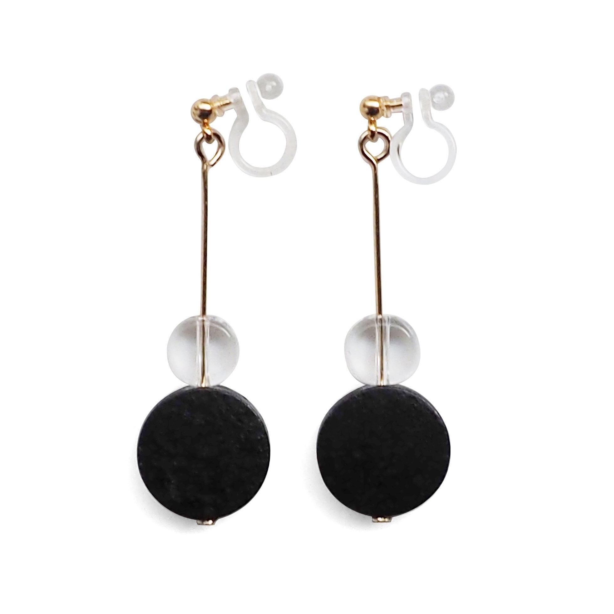 Black Wood and Clear Disk Invisible Clip On Earrings - Miyabi Grace