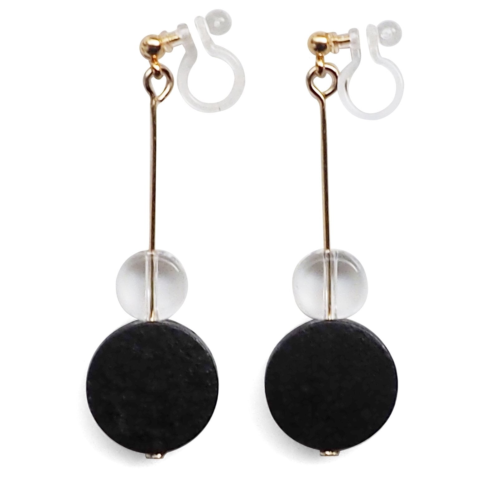 Black Wood and Clear Disk Invisible Clip On Earrings - Miyabi Grace