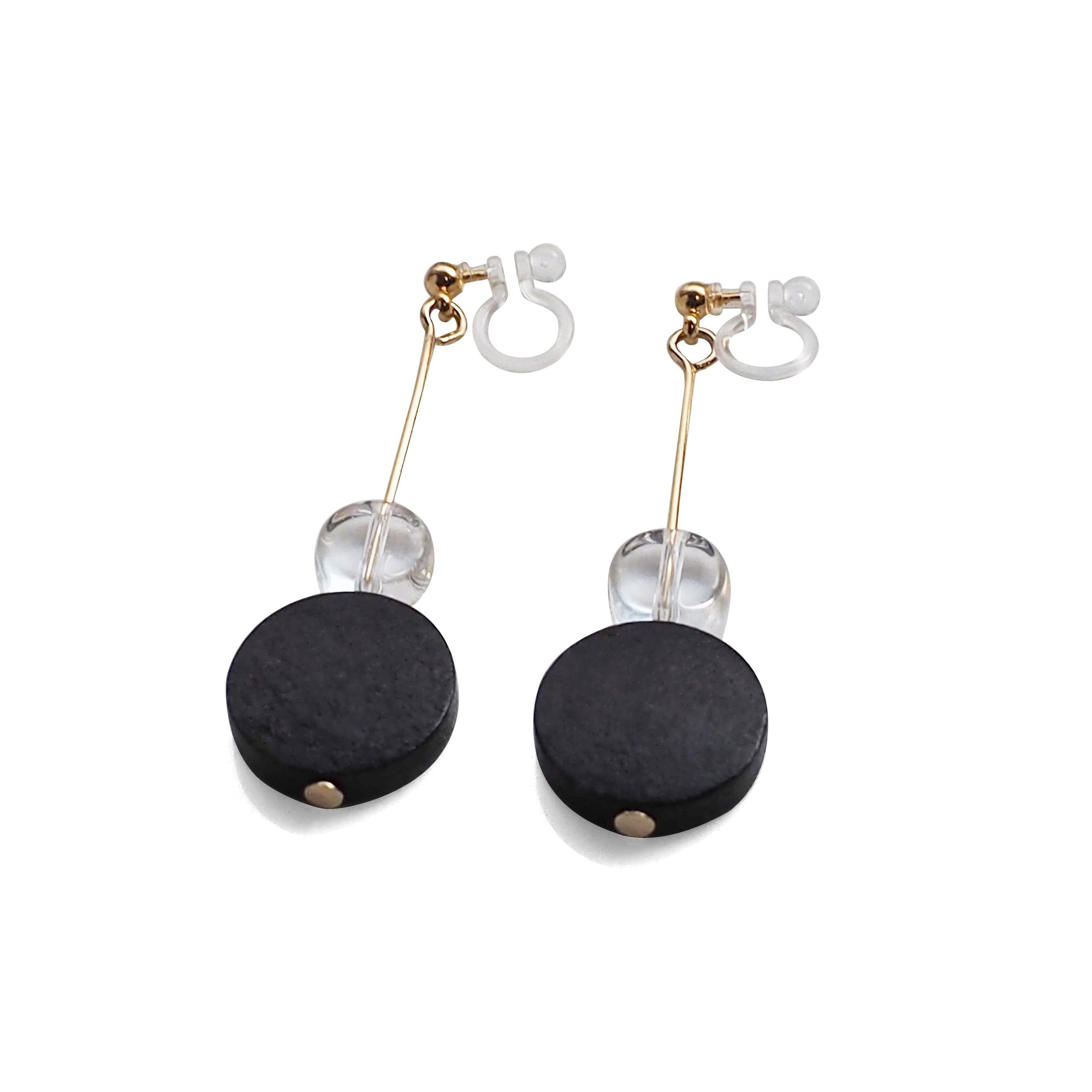 Black Wood and Clear Disk Invisible Clip On Earrings - Miyabi Grace
