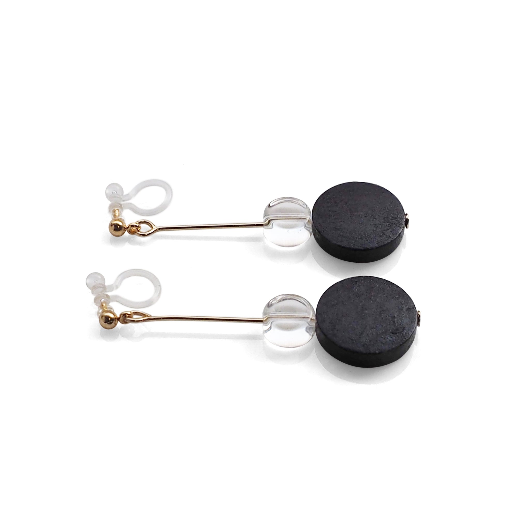 Black Wood and Clear Disk Invisible Clip On Earrings - Miyabi Grace