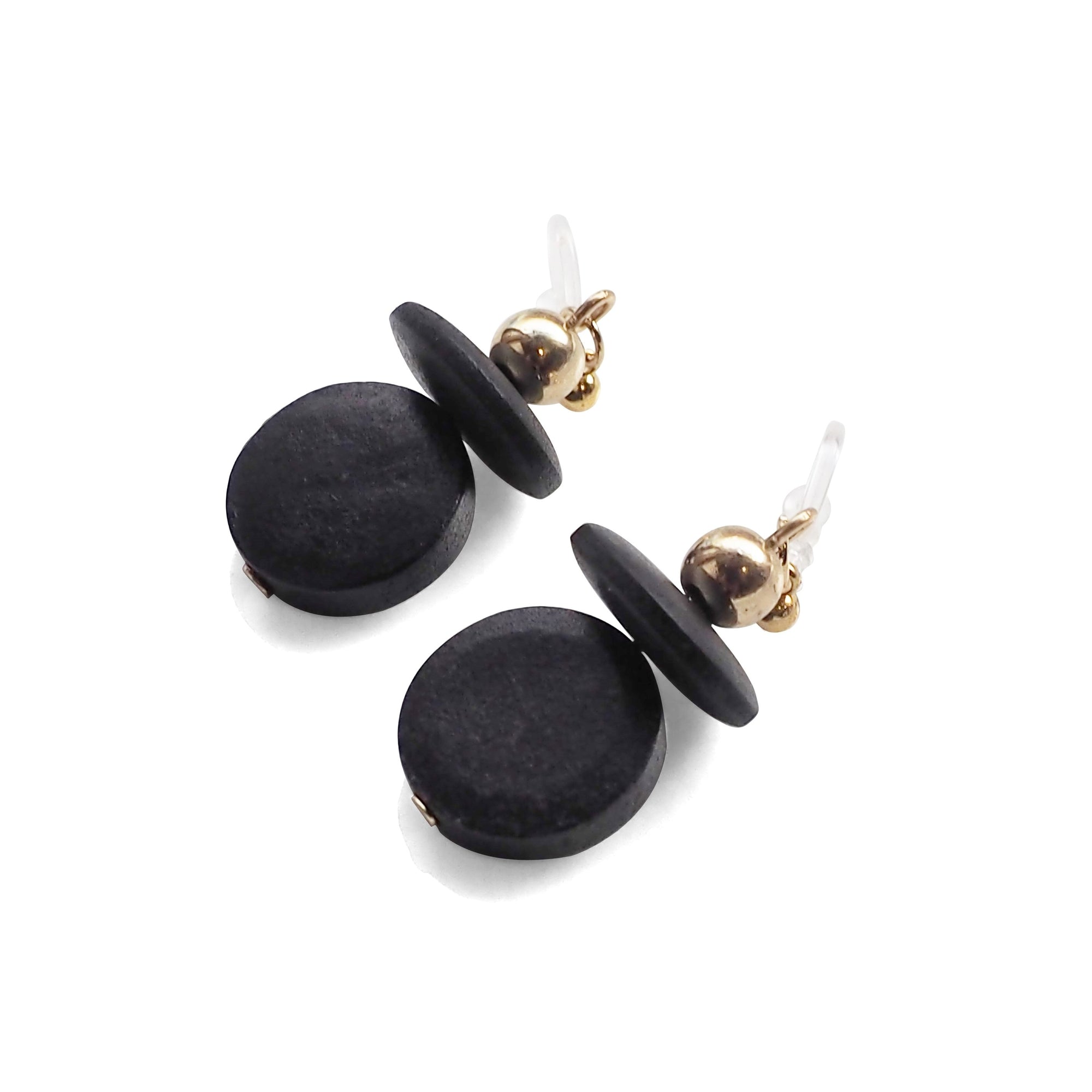 Black Wood Disk and Cap Invisible Clip On Earrings - Miyabi Grace