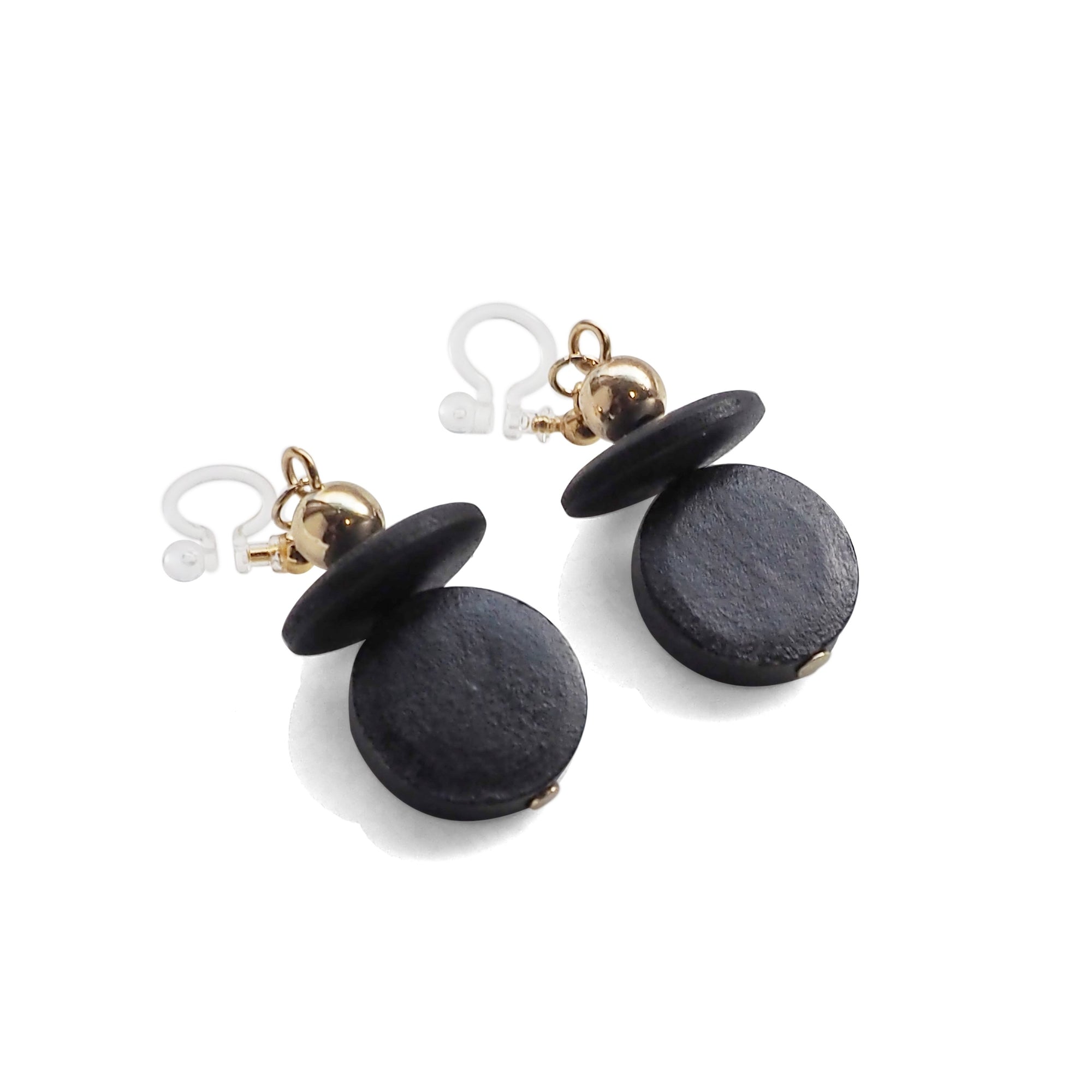 Black Wood Disk and Cap Invisible Clip On Earrings - Miyabi Grace