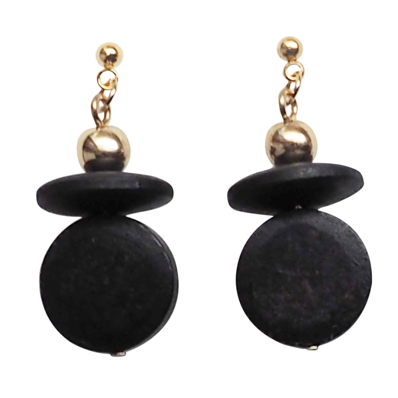 Black Wood Disk and Cap Invisible Clip On Earrings - Miyabi Grace