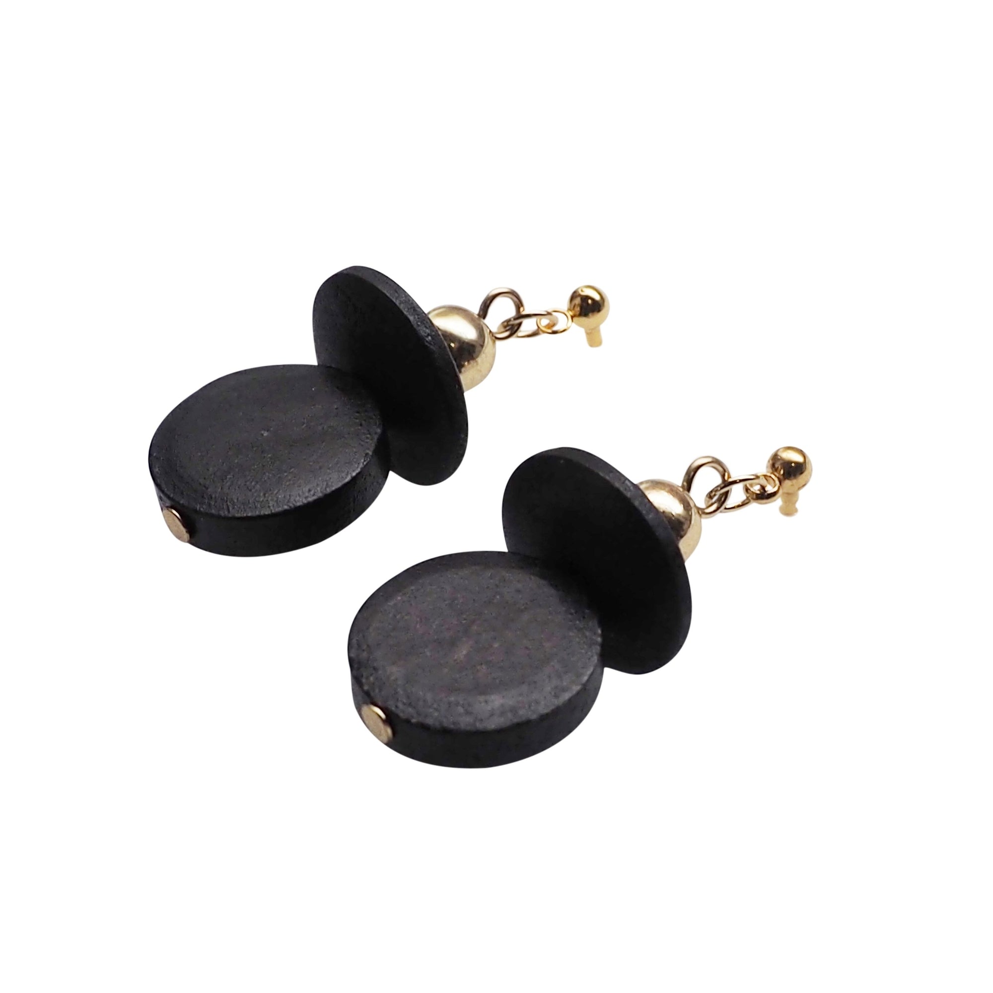 Black Wood Disk and Cap Invisible Clip On Earrings - Miyabi Grace