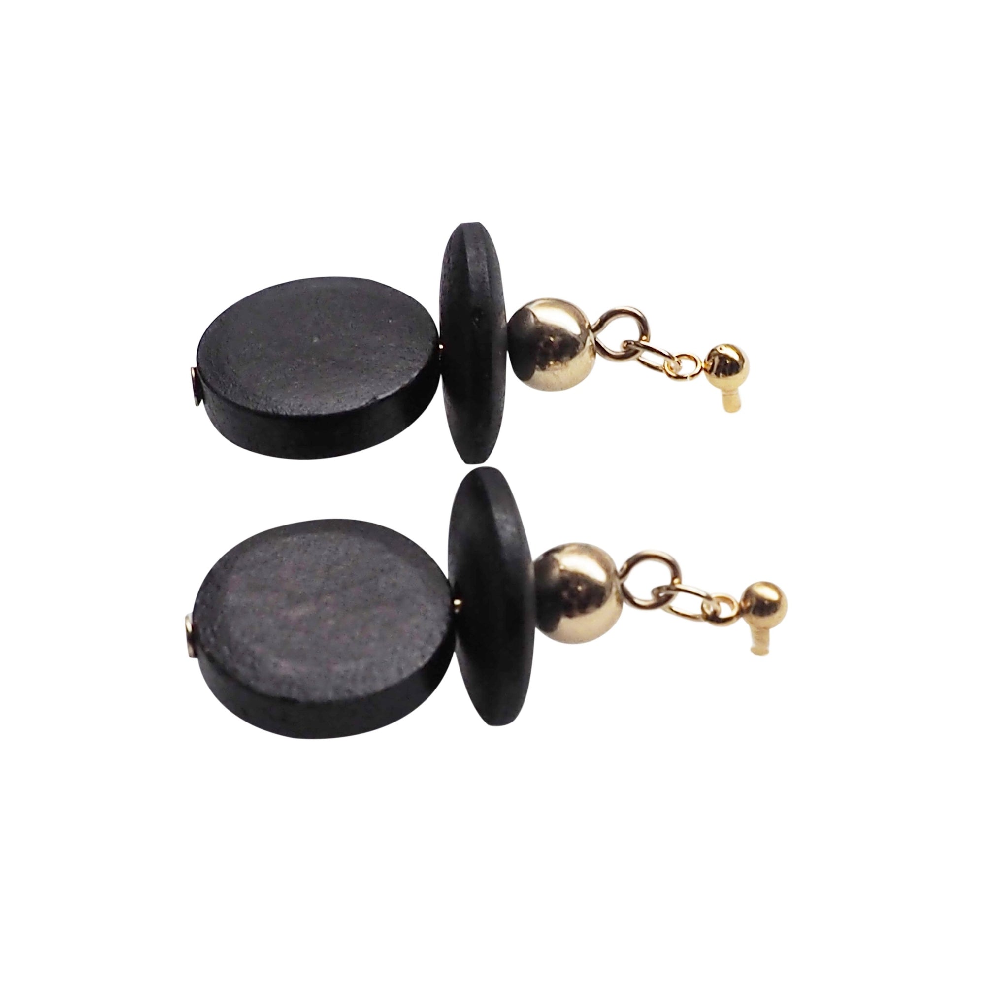 Black Wood Disk and Cap Invisible Clip On Earrings - Miyabi Grace
