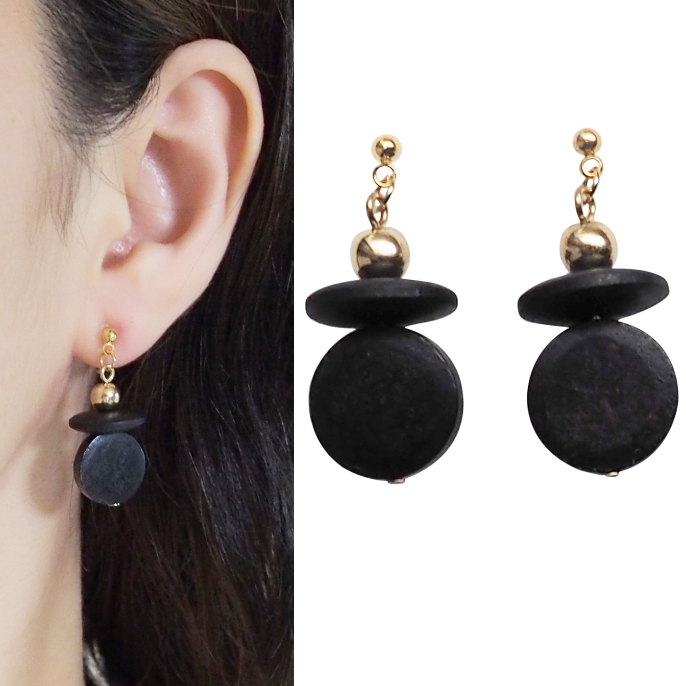 Black Wood Disk and Cap Invisible Clip On Earrings - Miyabi Grace