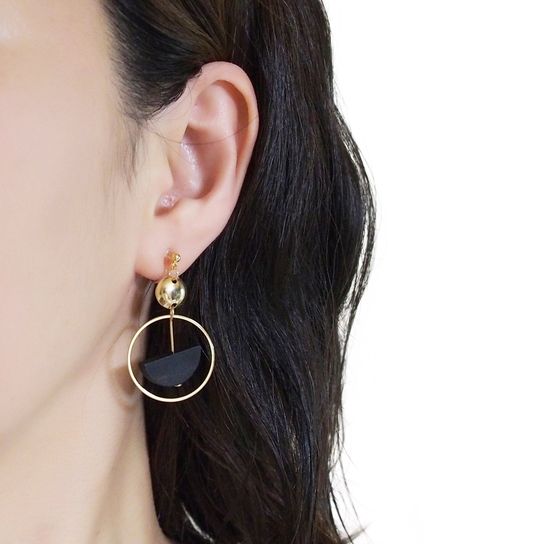 Black Half Disk and Hoop Invisible Clip On Earrings - Miyabi Grace