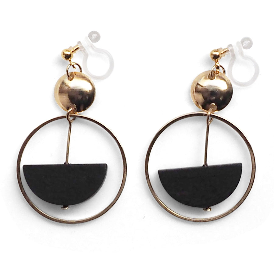 Black Half Disk and Hoop Invisible Clip On Earrings - Miyabi Grace