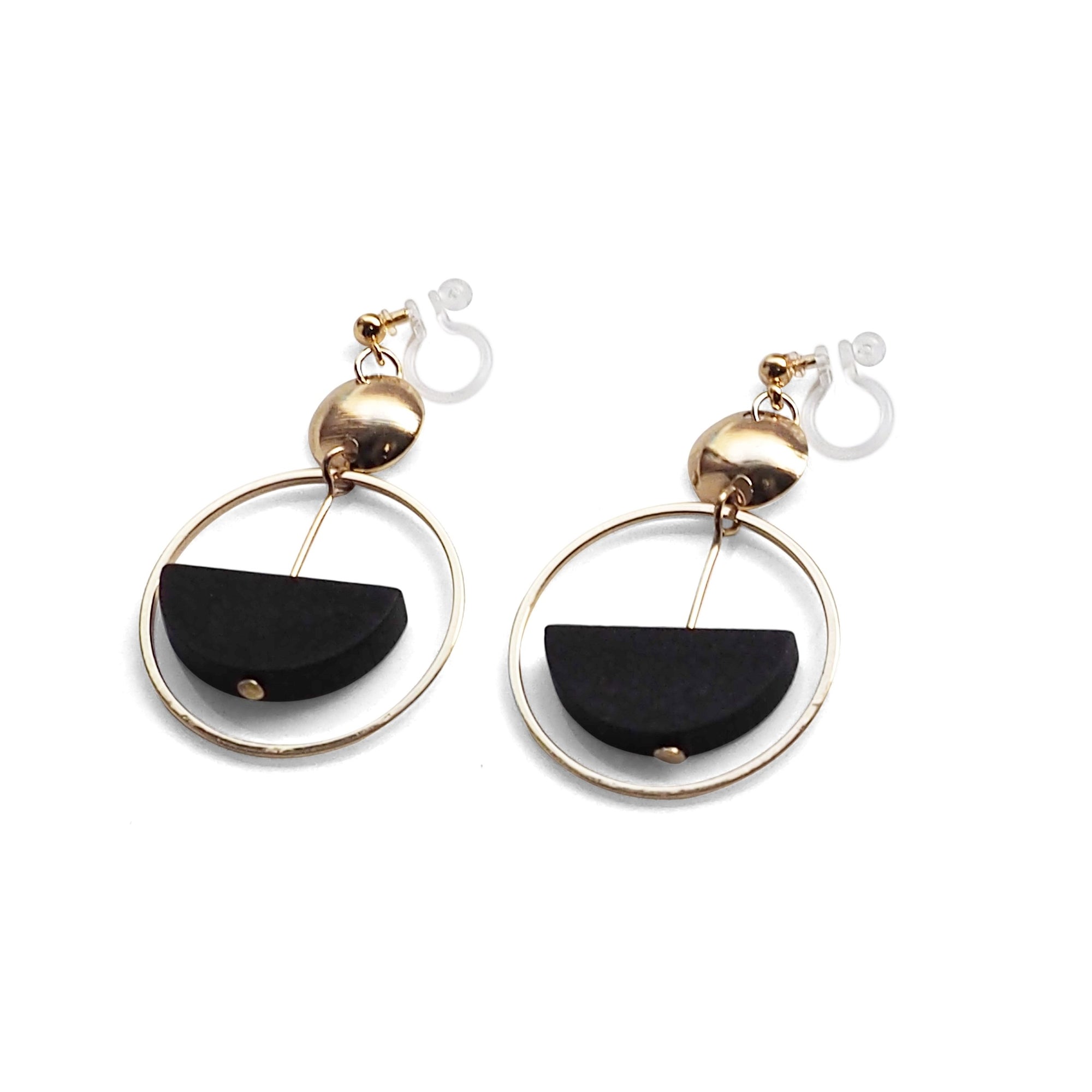 Black Half Disk and Hoop Invisible Clip On Earrings - Miyabi Grace