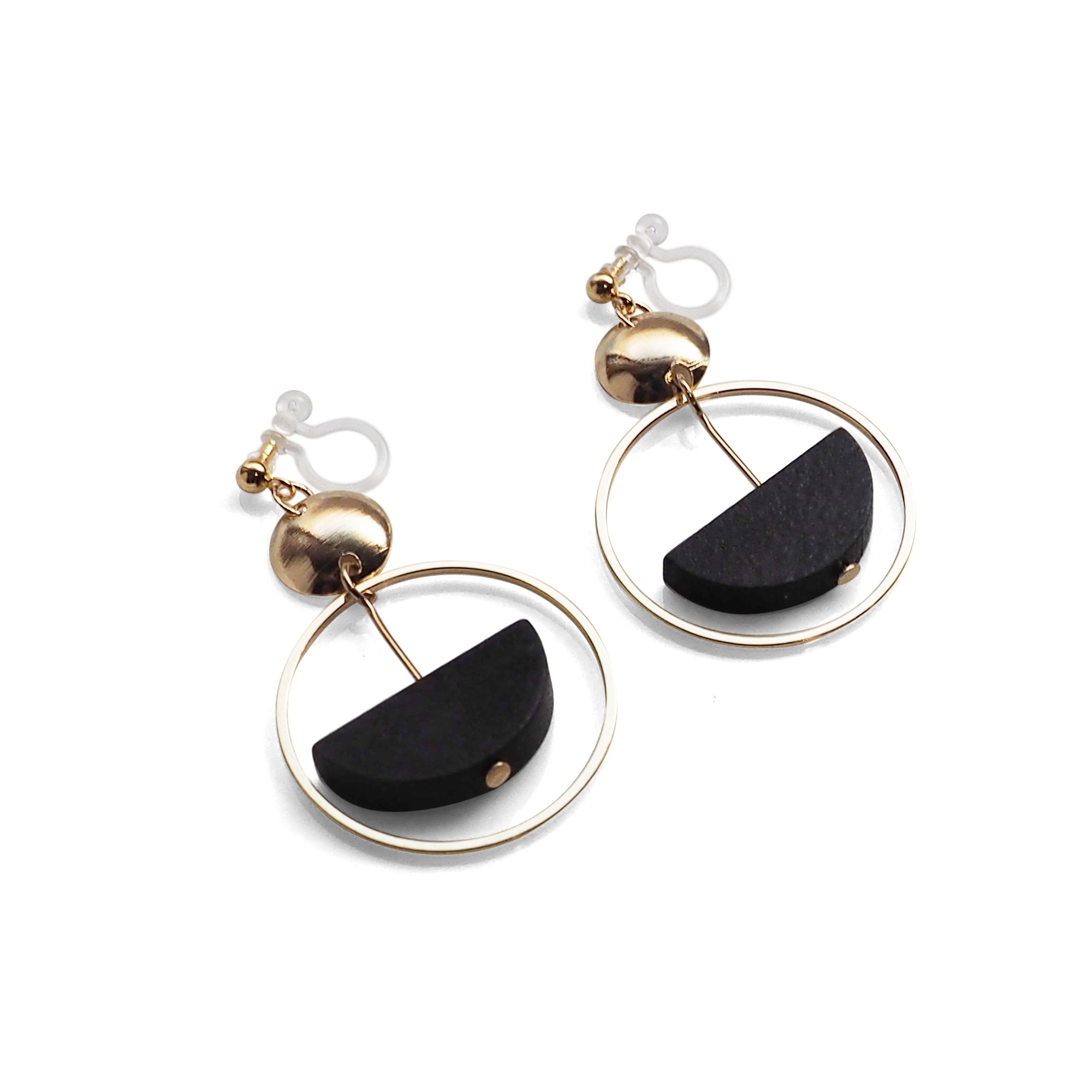 Black Half Disk and Hoop Invisible Clip On Earrings - Miyabi Grace