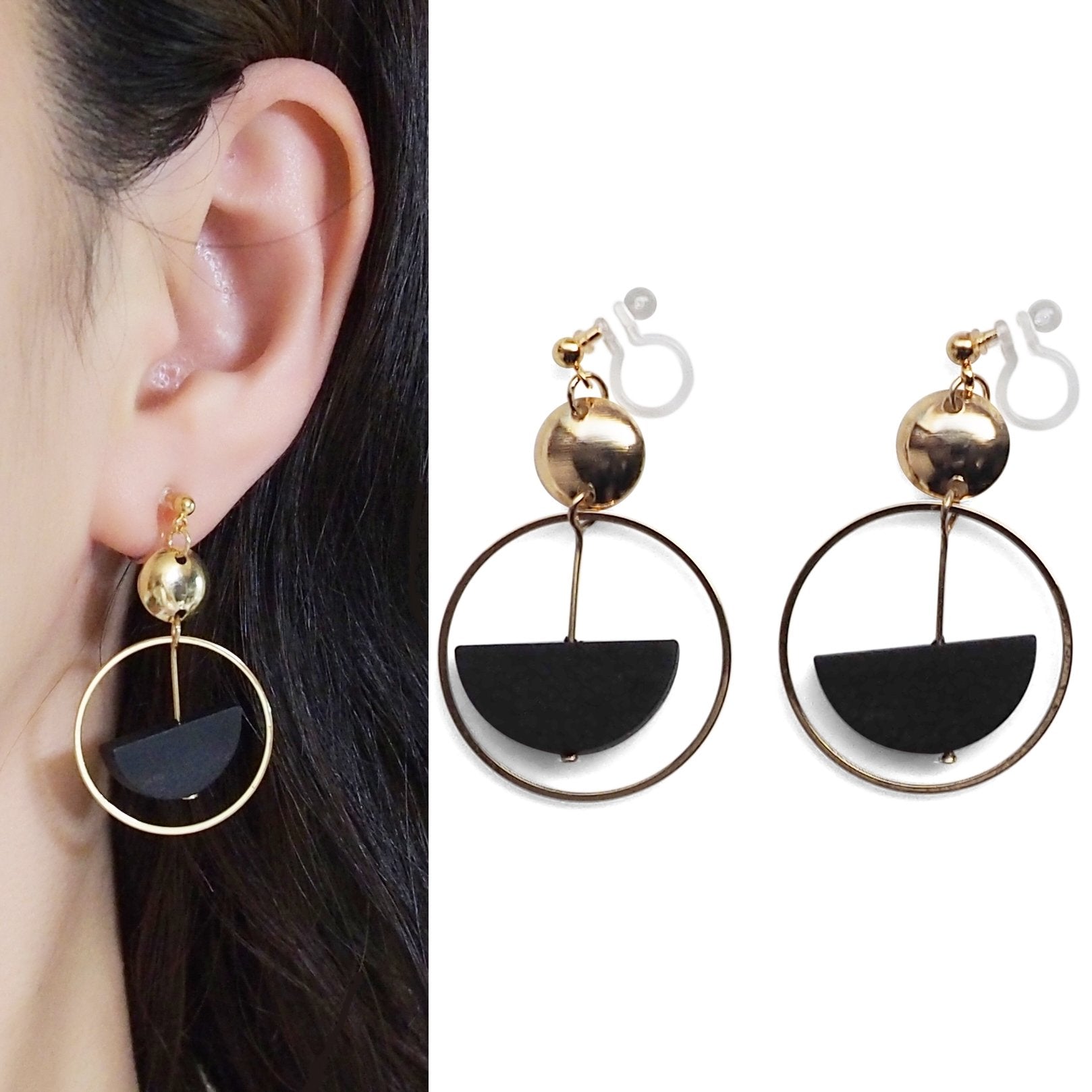 Black Half Disk and Hoop Invisible Clip On Earrings - Miyabi Grace