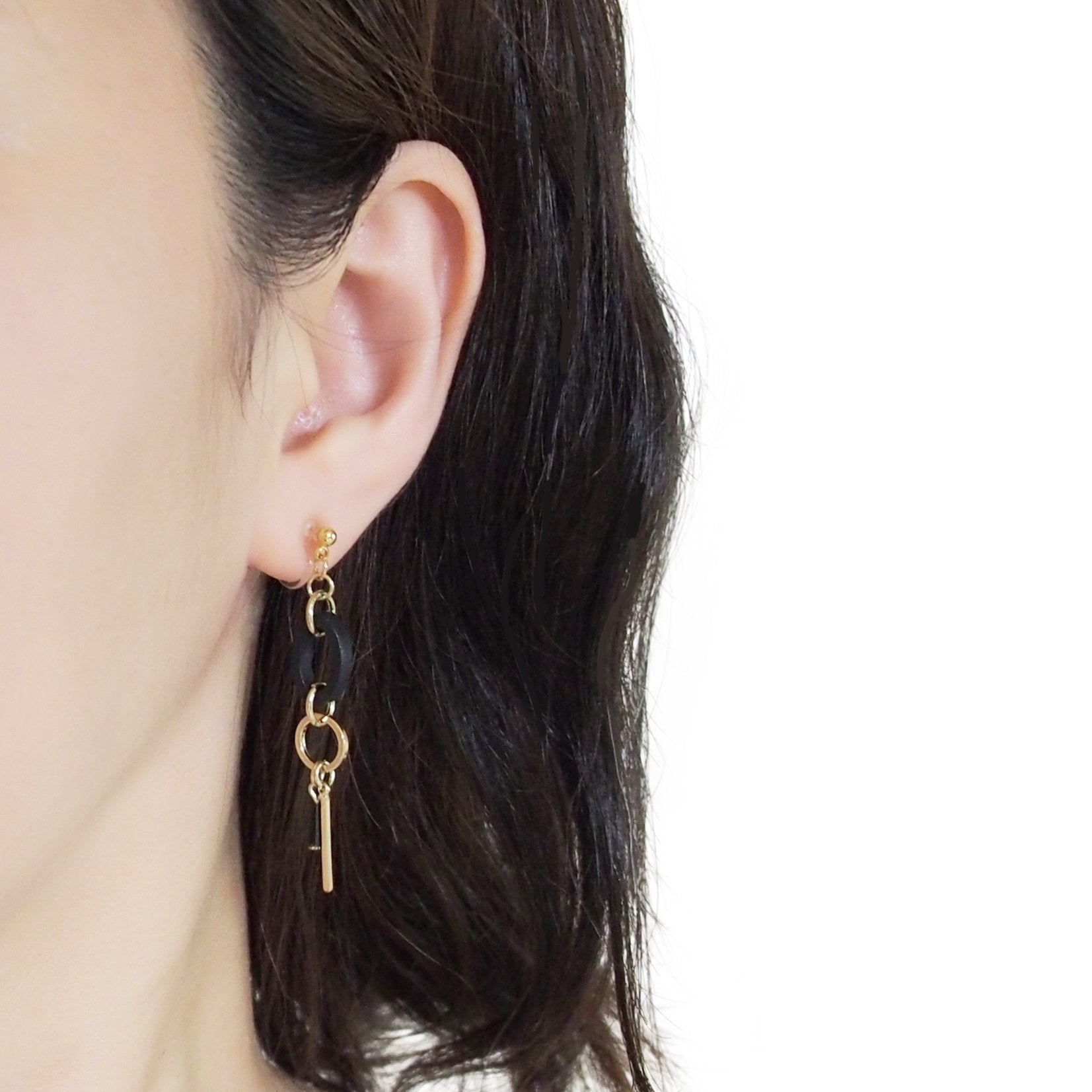 Black Wood and Gold Hoop Invisible Clip On Earrings - Miyabi Grace