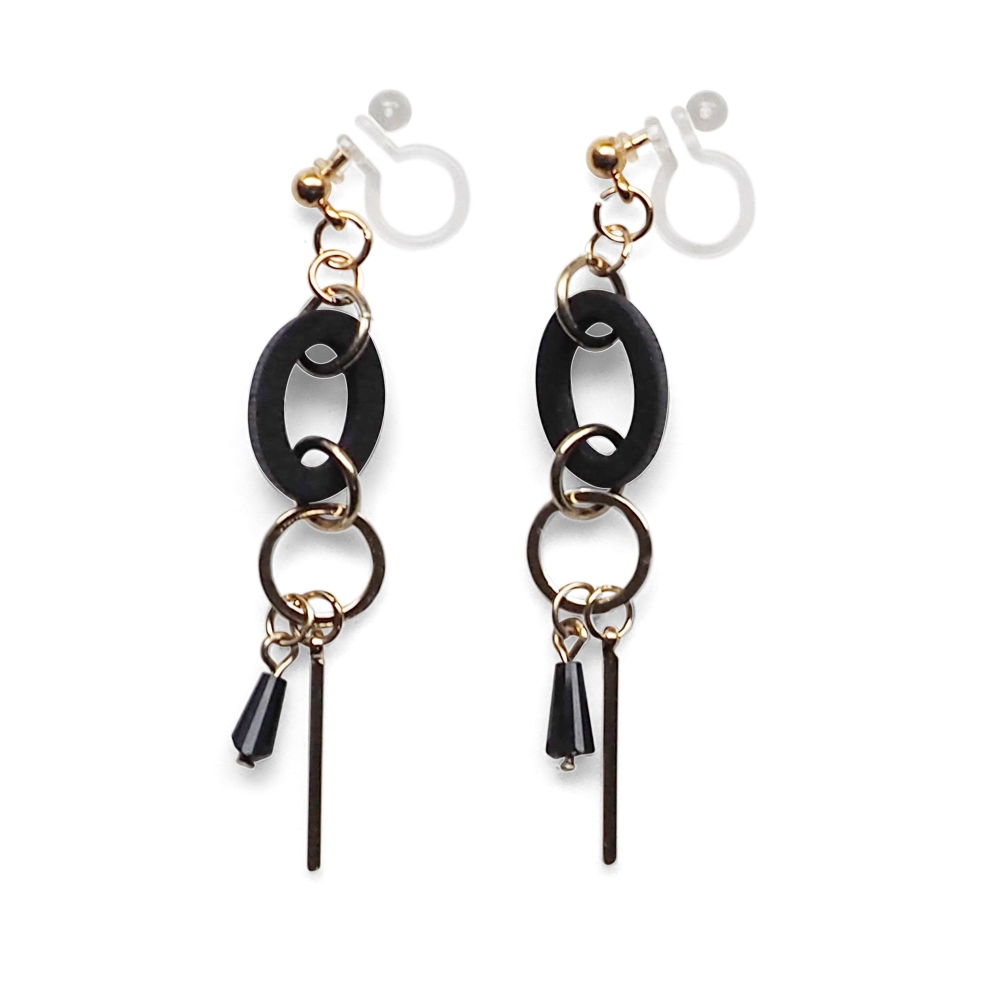 Black Wood and Gold Hoop Invisible Clip On Earrings - Miyabi Grace