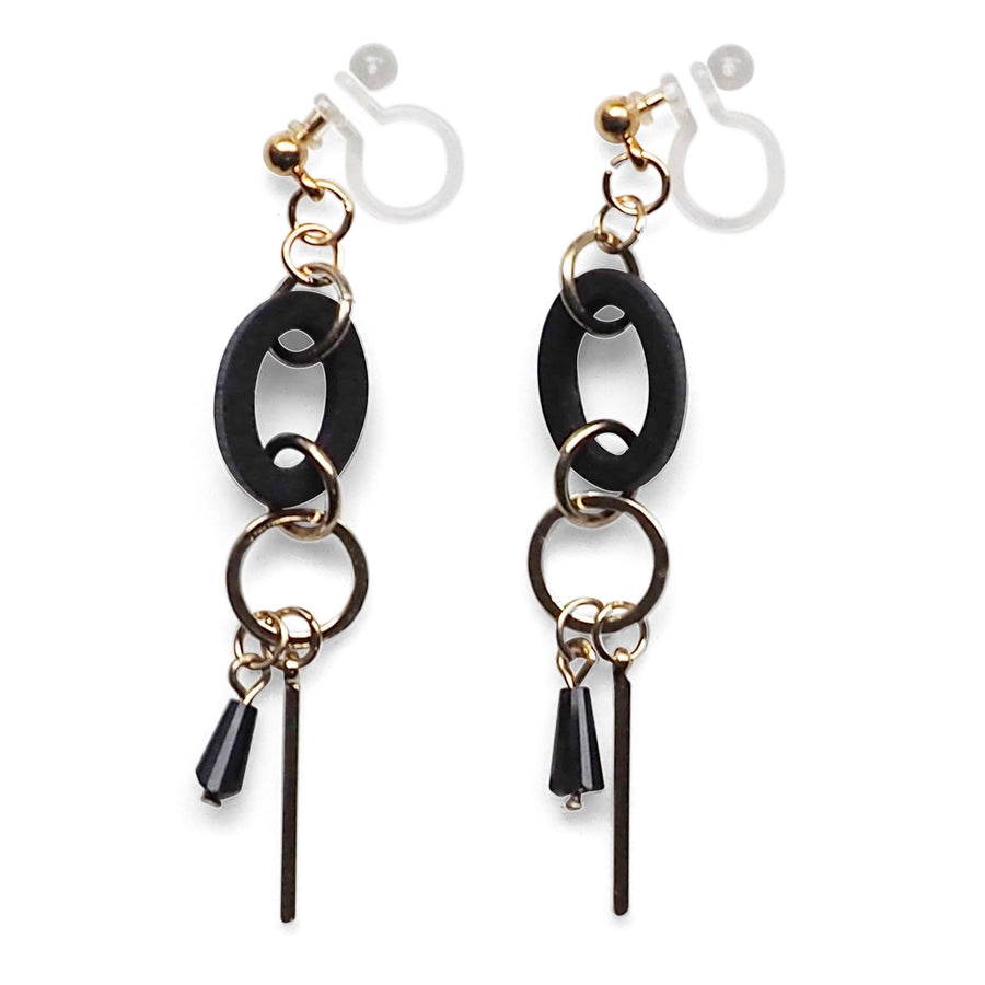 Black Wood and Gold Hoop Invisible Clip On Earrings - Miyabi Grace