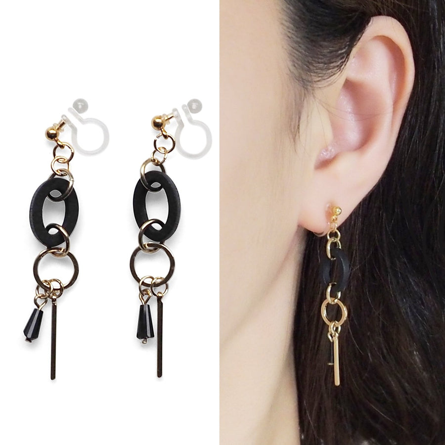 Black Wood and Gold Hoop Invisible Clip On Earrings - Miyabi Grace