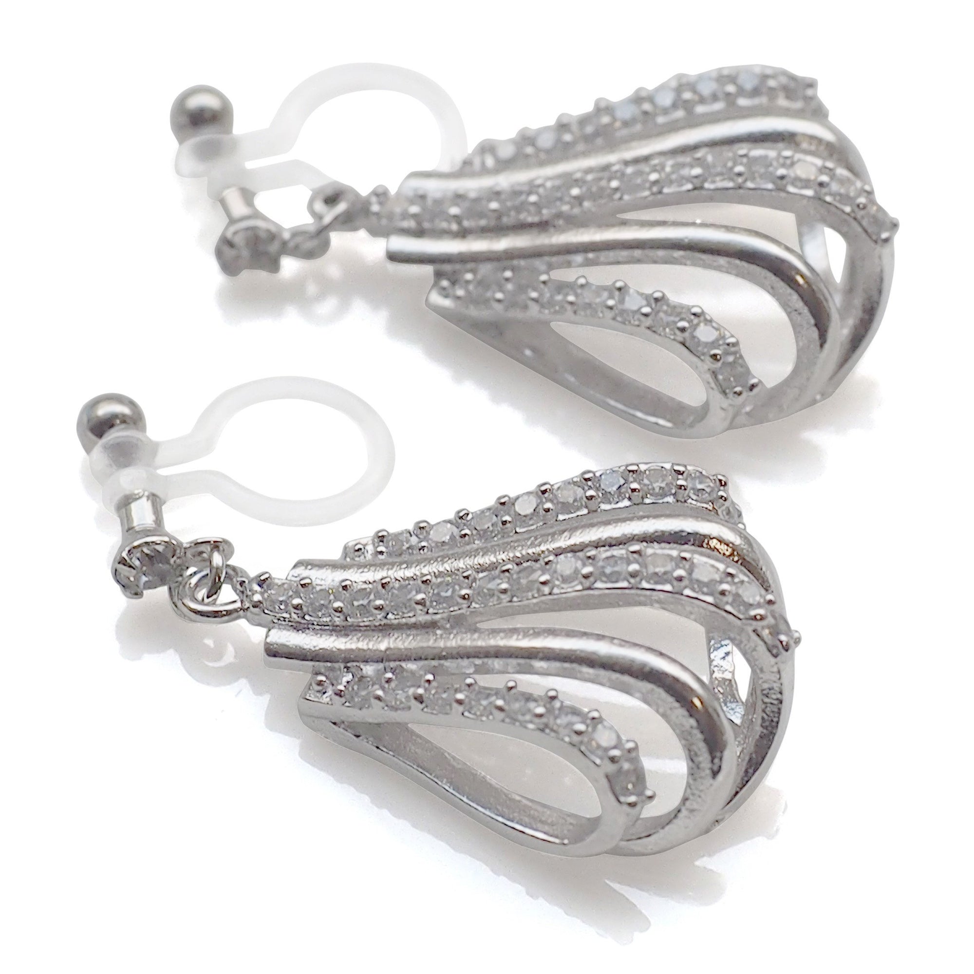Bridal drop micro pave cubic zirconia invisible clip on earrings ( silver tone ) - miyabigracejewelry.com