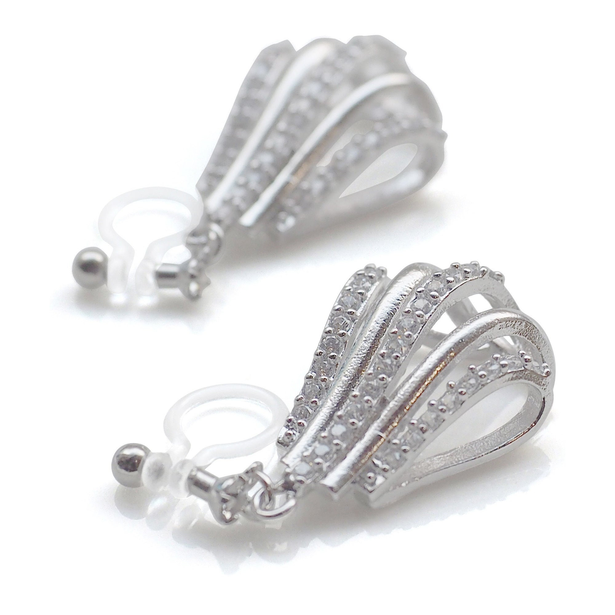 Bridal drop micro pave cubic zirconia invisible clip on earrings ( silver tone ) - miyabigracejewelry.com