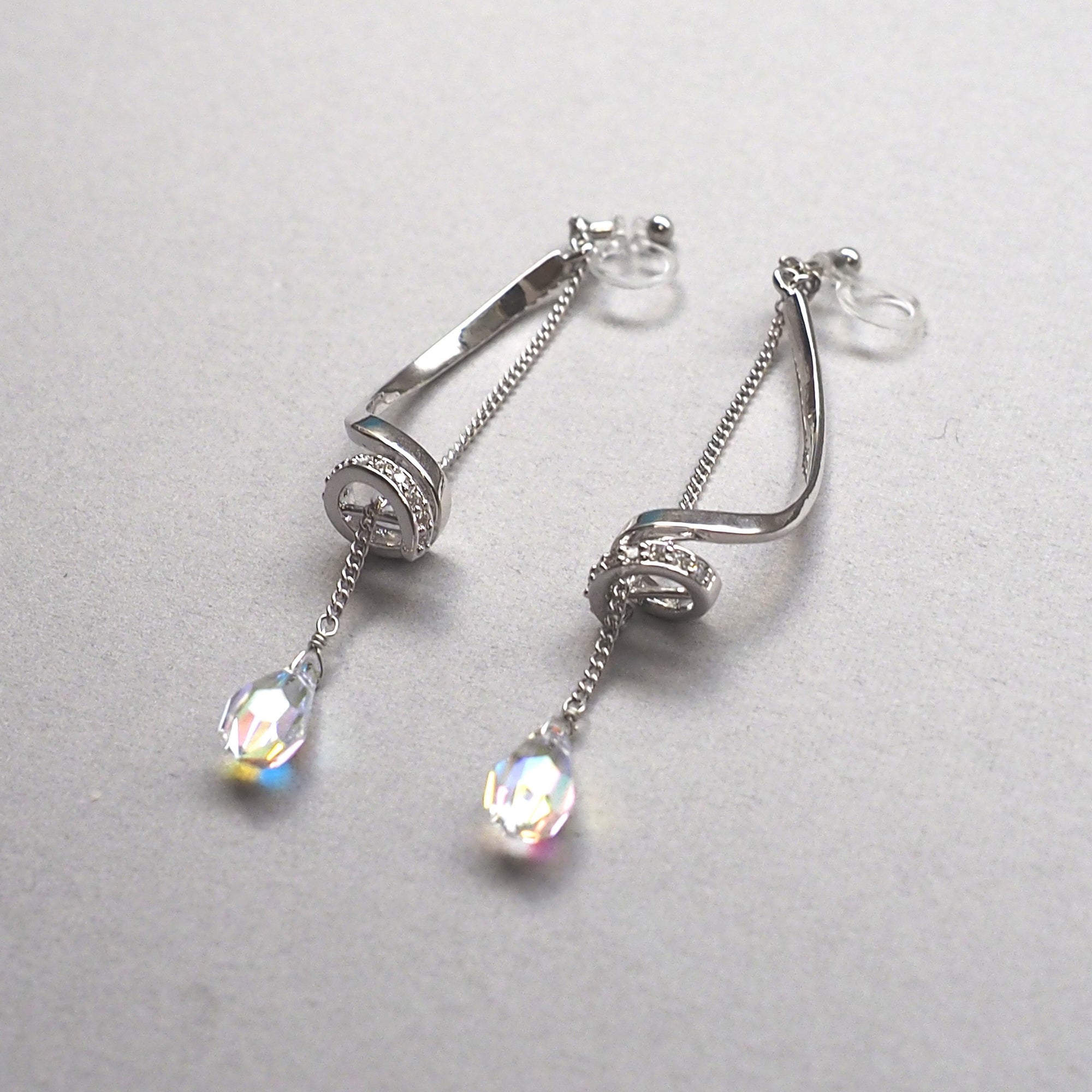 Bridal Aurora Borealis Swarovski Crystal invisible clip on earrings ( silver tone ) - Miyabi Grace