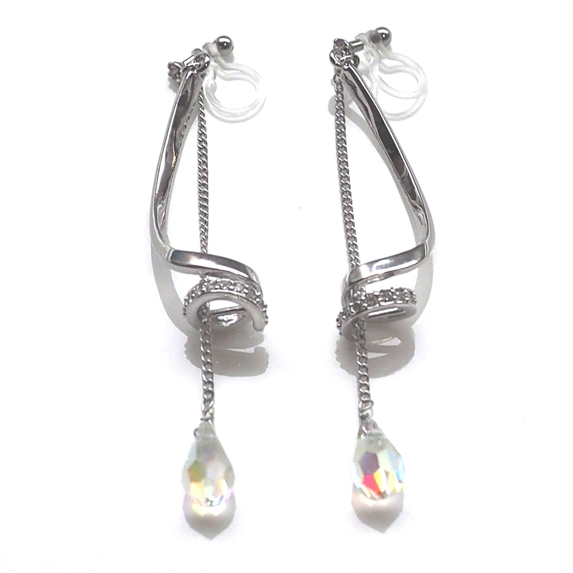 Bridal Aurora Borealis Swarovski Crystal invisible clip on earrings ( silver tone ) - Miyabi Grace