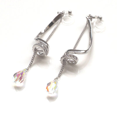 Bridal Aurora Borealis Swarovski Crystal invisible clip on earrings ( silver tone ) - Miyabi Grace