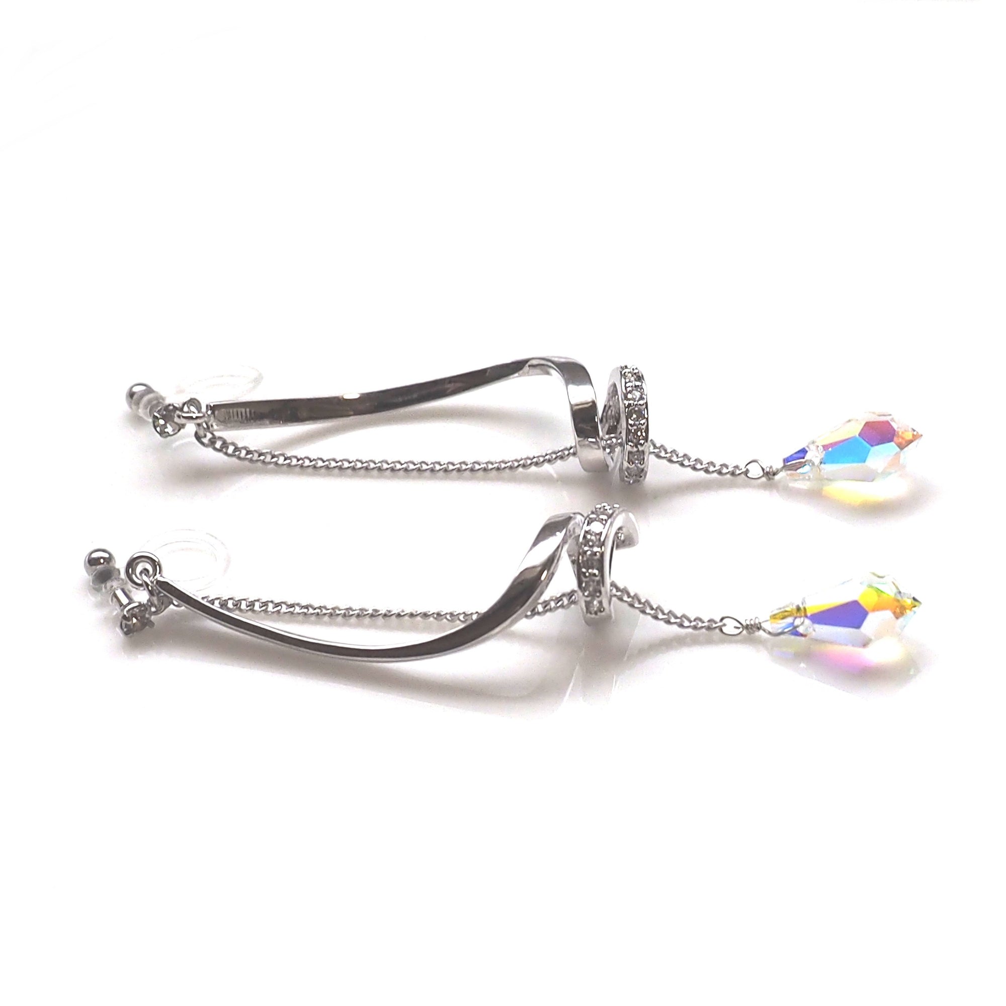 Bridal Aurora Borealis Swarovski Crystal invisible clip on earrings ( silver tone ) - Miyabi Grace