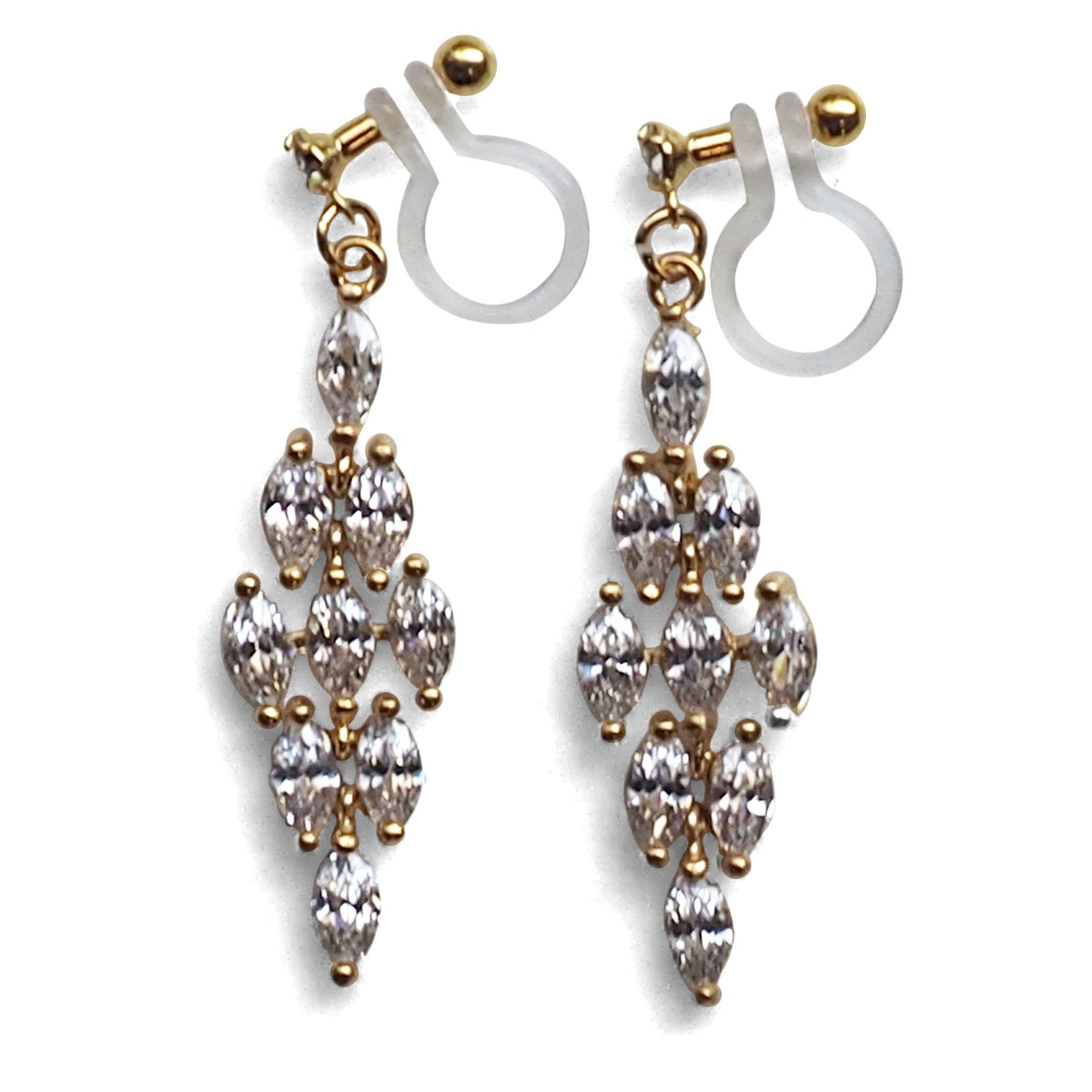 Diamond shape cubic zirconia invisible clip on earrings ( gold tone ) - miyabigracejewelry.com