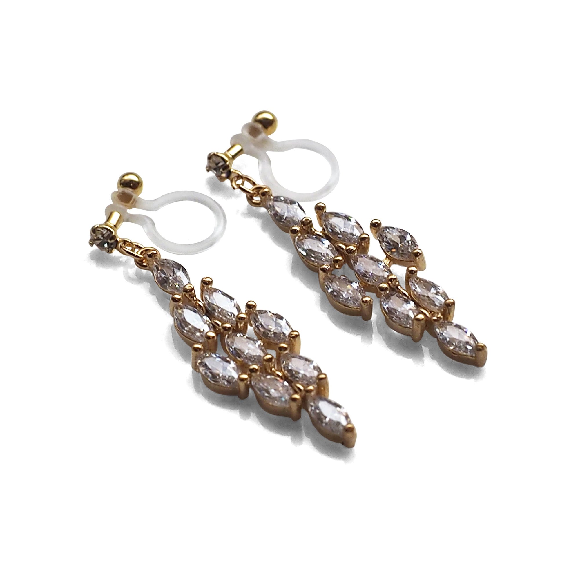 Diamond shape cubic zirconia invisible clip on earrings ( gold tone ) - miyabigracejewelry.com