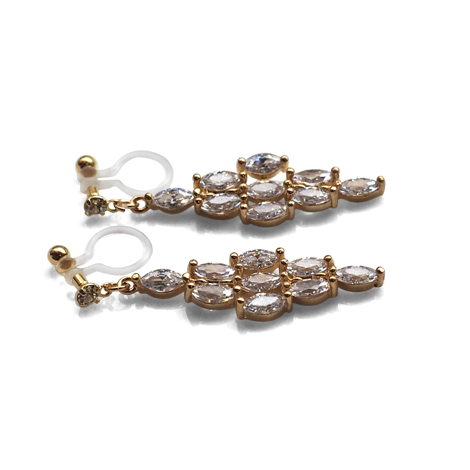 Diamond shape cubic zirconia invisible clip on earrings ( gold tone ) - miyabigracejewelry.com
