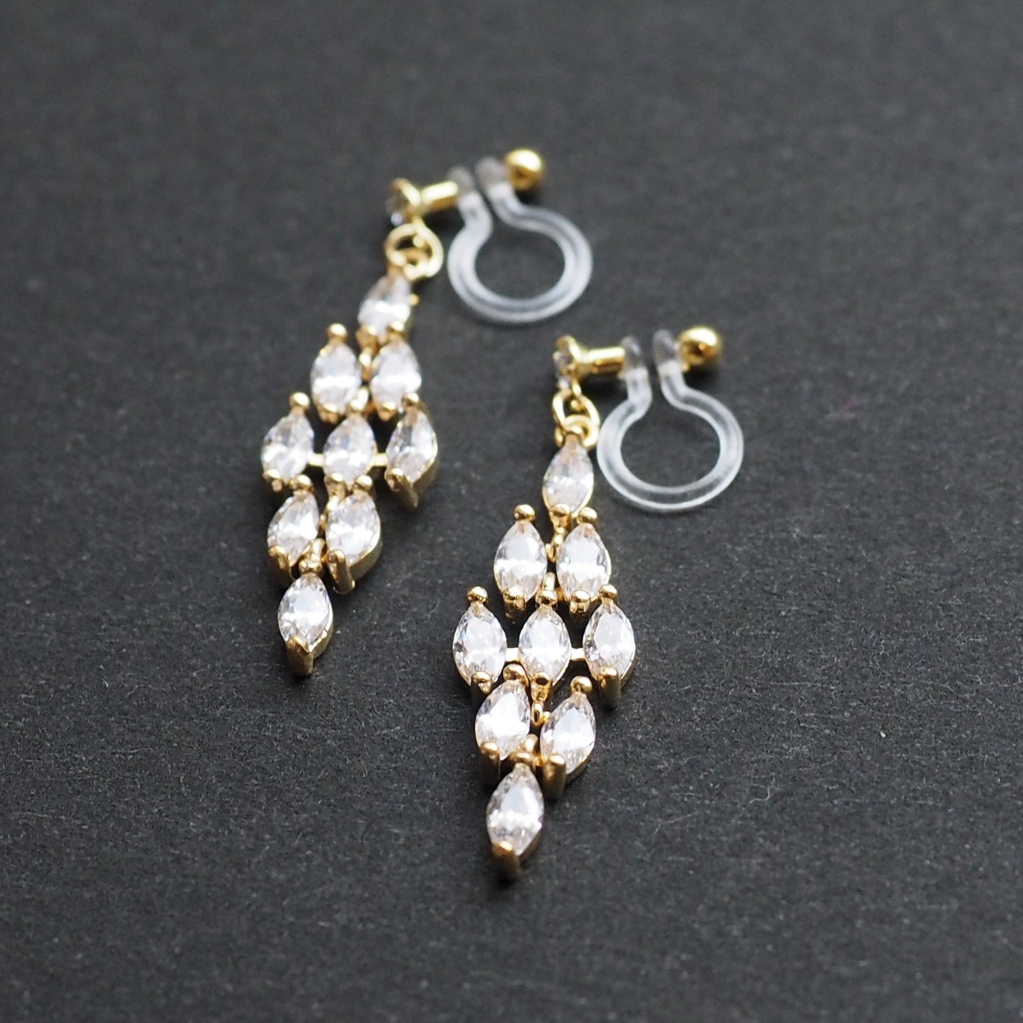 Diamond shape cubic zirconia invisible clip on earrings ( gold tone ) - miyabigracejewelry.com