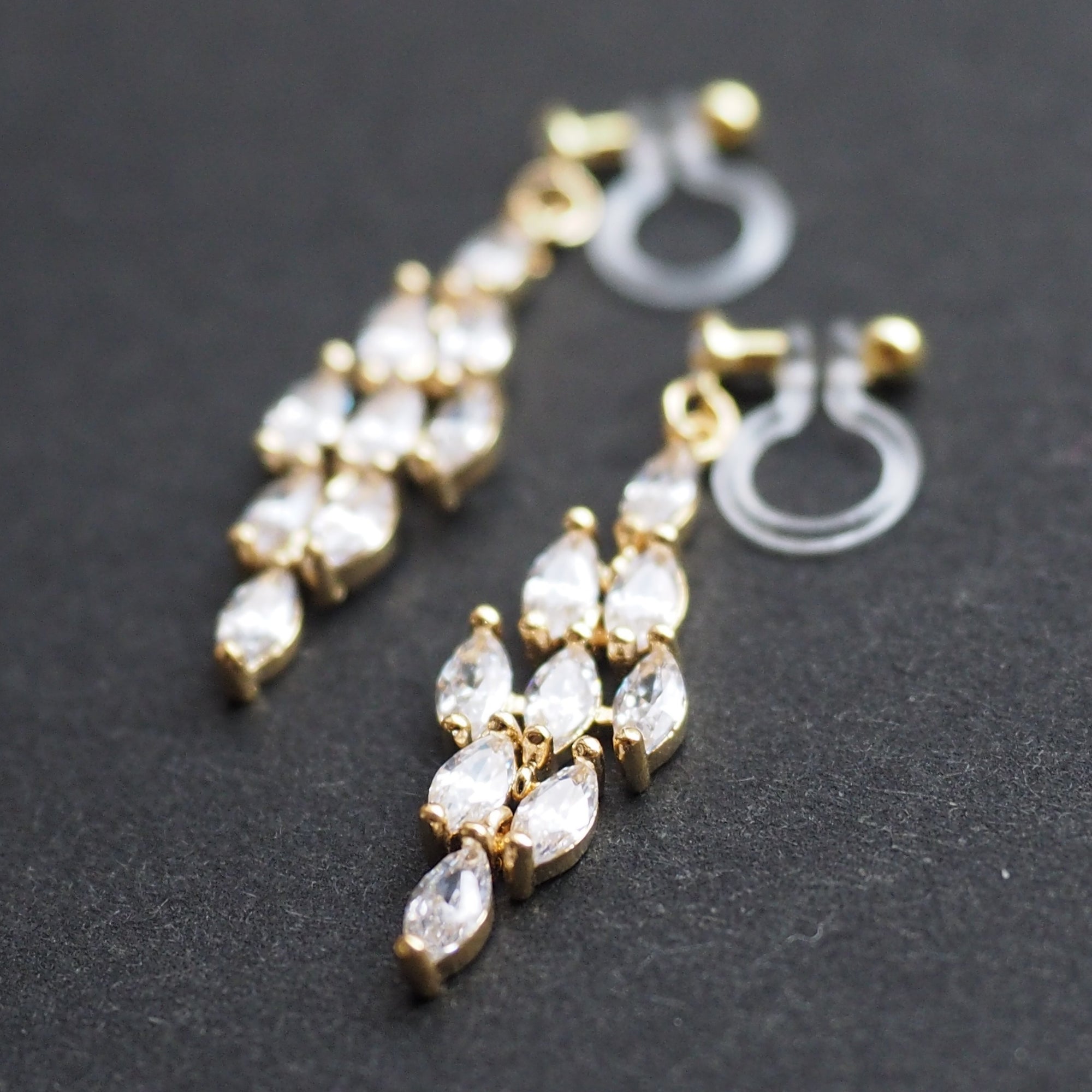 Diamond shape cubic zirconia invisible clip on earrings ( gold tone ) - miyabigracejewelry.com
