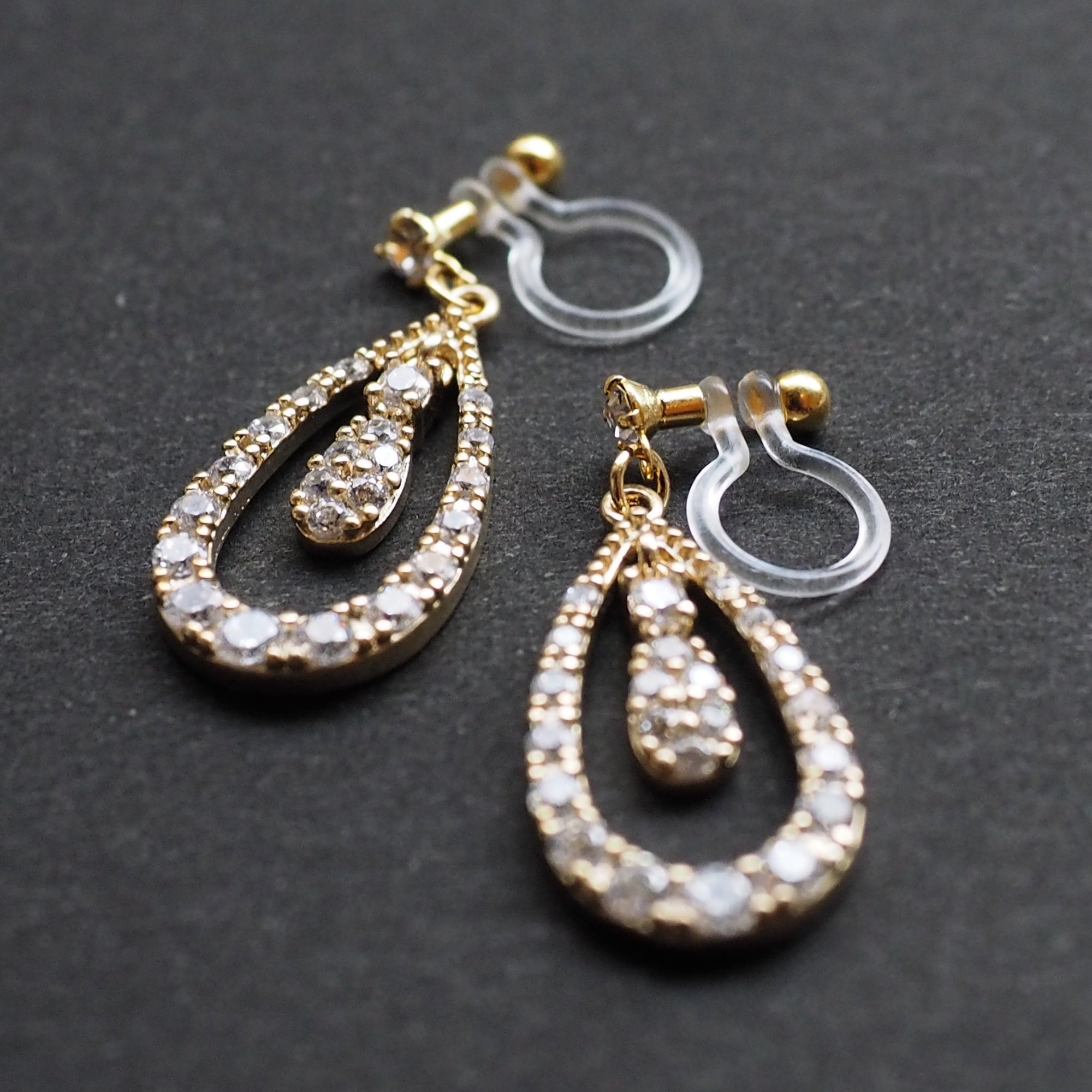 Double Teardrop cubic zirconia invisible clip on earrrings ( Gold tone) - miyabigracejewelry.com