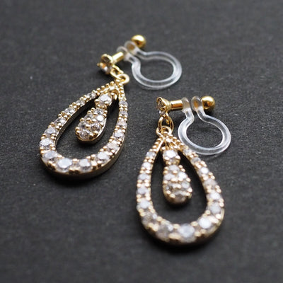 Double Teardrop cubic zirconia invisible clip on earrrings ( Gold tone) - miyabigracejewelry.com