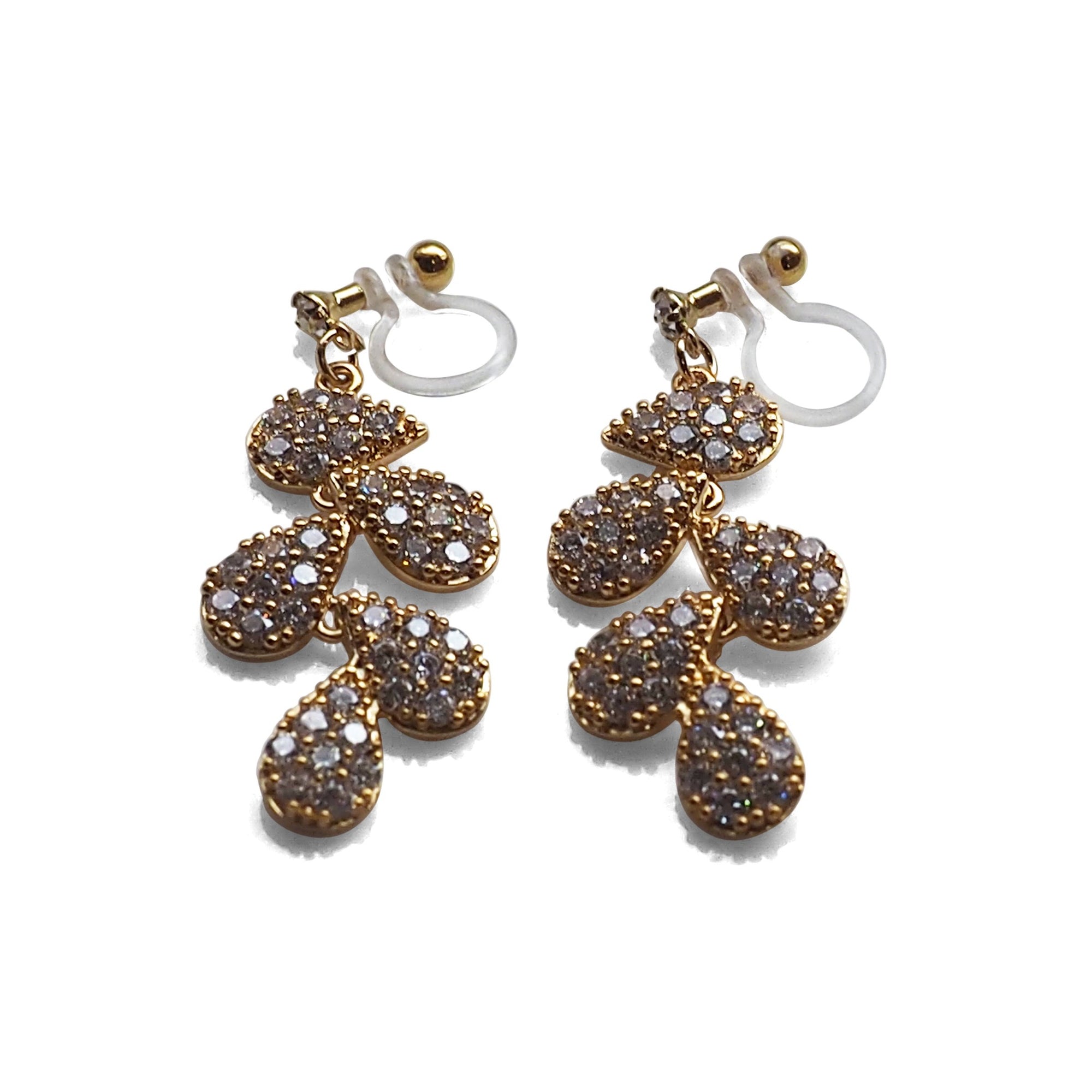 Bridal leaf cubic zirconia invisible clip on earrings  ( Gold tone ) - miyabigracejewelry.com