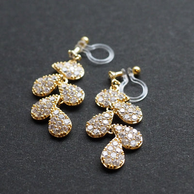 Bridal leaf cubic zirconia invisible clip on earrings  ( Gold tone ) - miyabigracejewelry.com