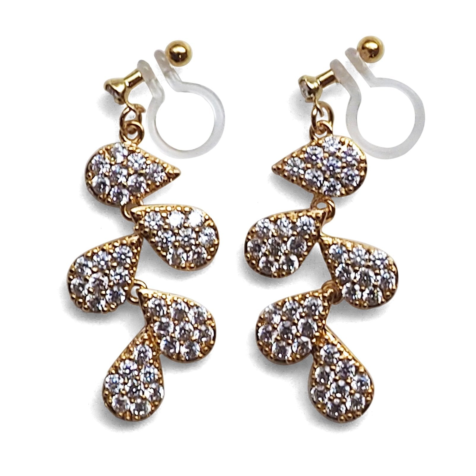 Bridal leaf cubic zirconia invisible clip on earrings  ( Gold tone ) - miyabigracejewelry.com