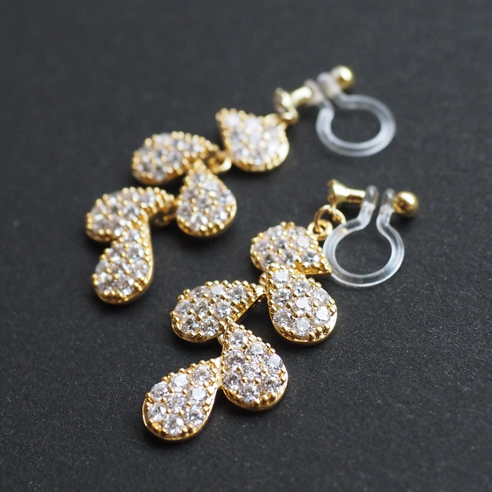 Bridal leaf cubic zirconia invisible clip on earrings  ( Gold tone ) - miyabigracejewelry.com