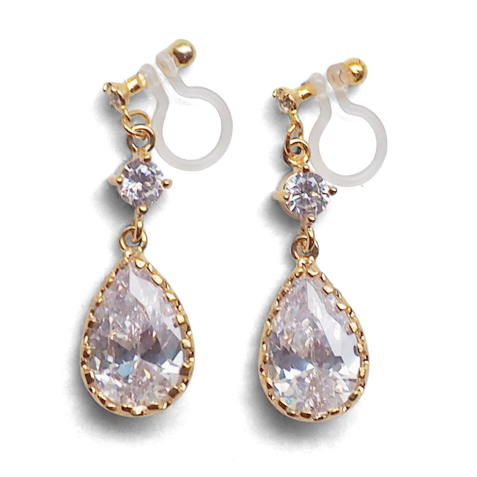Bridal teardrop cubic zirconia crystal invisible clip on earrings ( gold tone ) - miyabigracejewelry.com