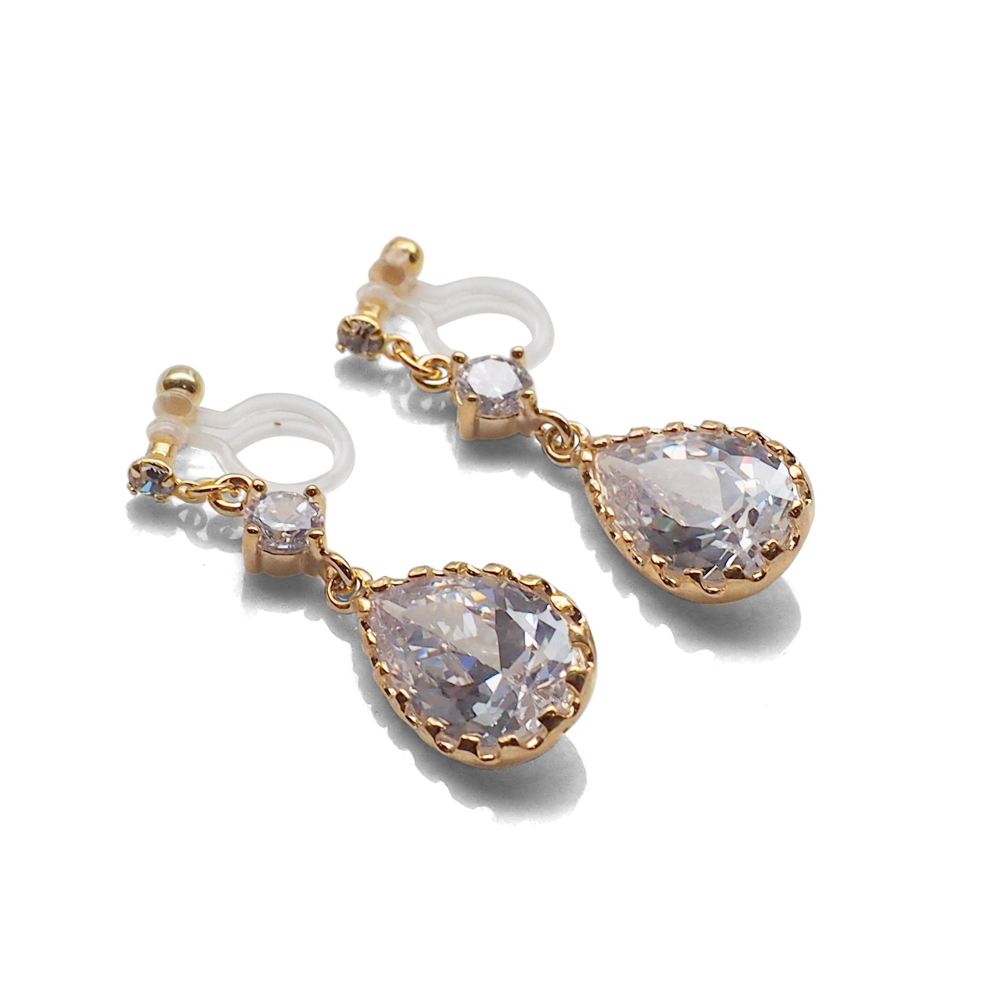 Bridal teardrop cubic zirconia crystal invisible clip on earrings ( gold tone ) - miyabigracejewelry.com