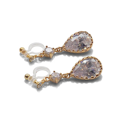Bridal teardrop cubic zirconia crystal invisible clip on earrings ( gold tone ) - miyabigracejewelry.com