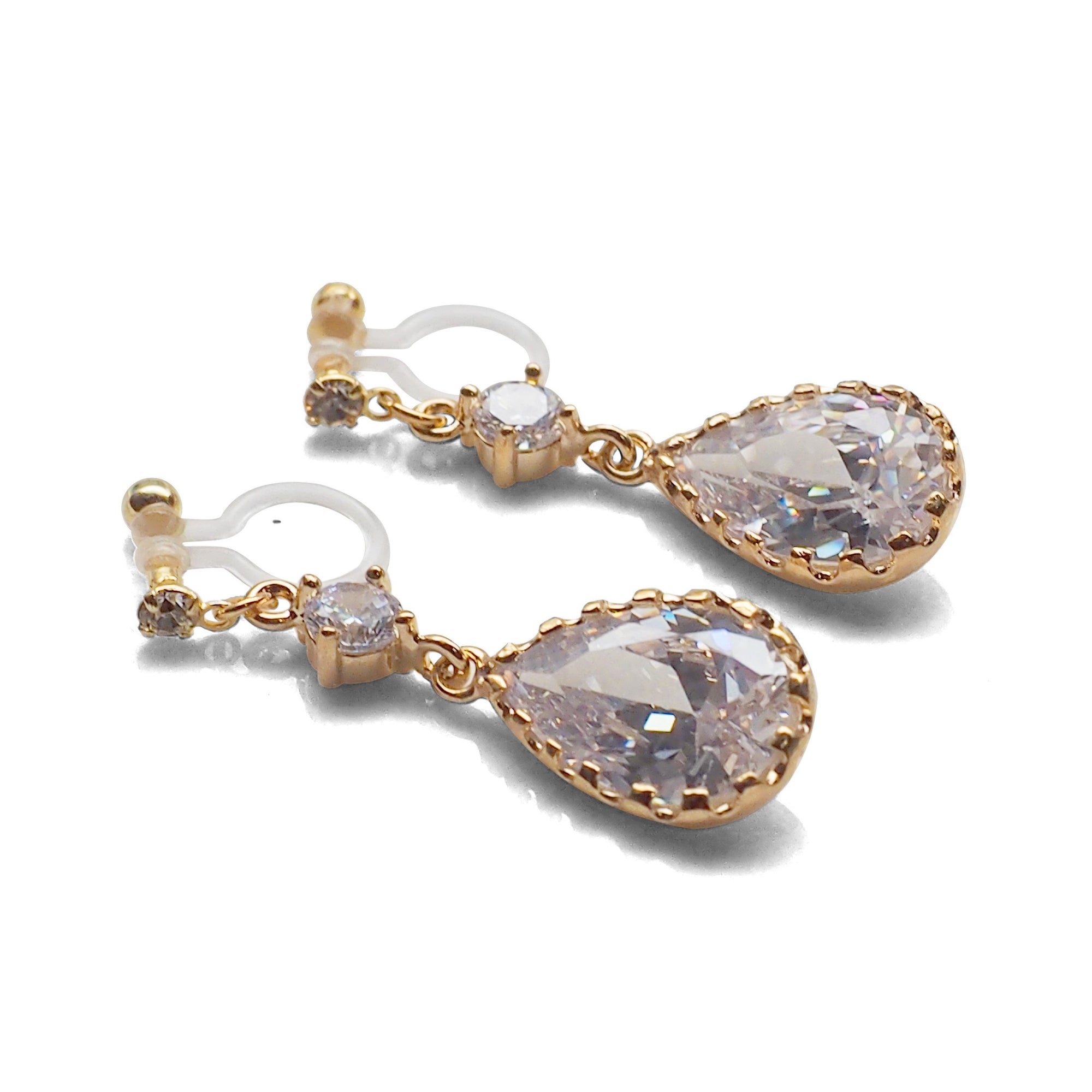 Bridal teardrop cubic zirconia crystal invisible clip on earrings ( gold tone ) - miyabigracejewelry.com