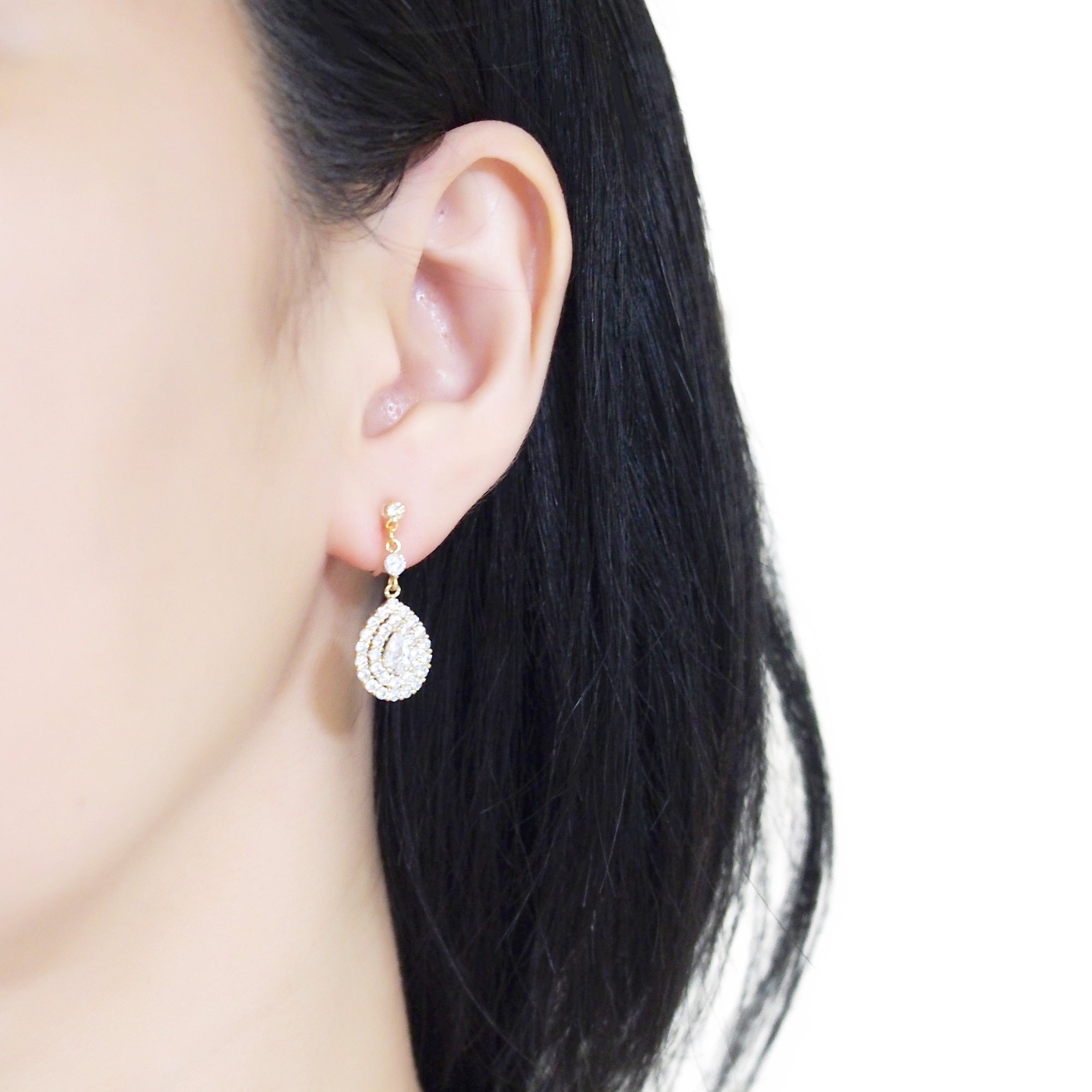 Bridal large teardrop cubic zirconia invisible clip on earrings ( gold tone ) - miyabigracejewelry.com