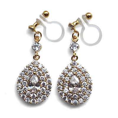 Bridal large teardrop cubic zirconia invisible clip on earrings ( gold tone ) - miyabigracejewelry.com