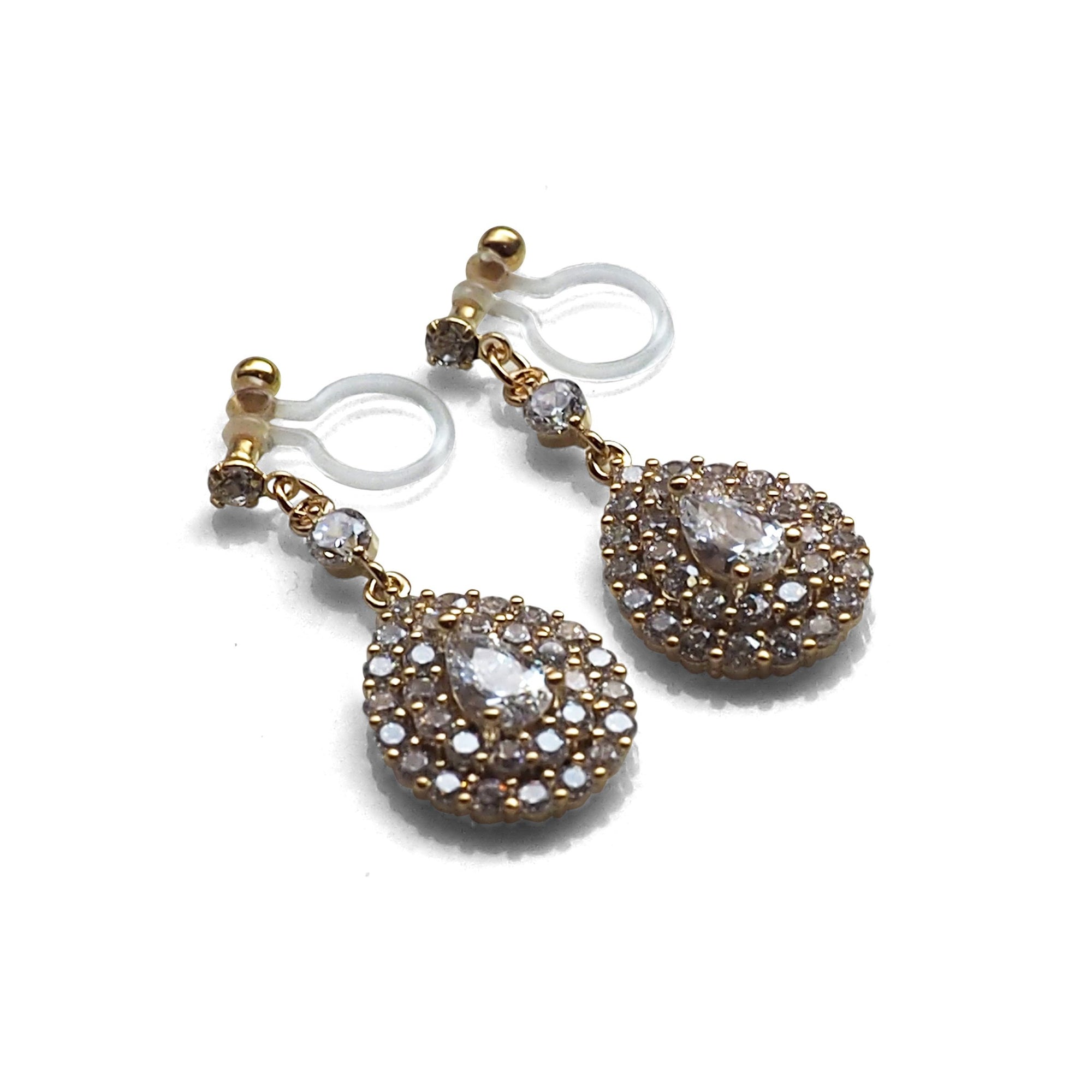 Bridal large teardrop cubic zirconia invisible clip on earrings ( gold tone ) - miyabigracejewelry.com