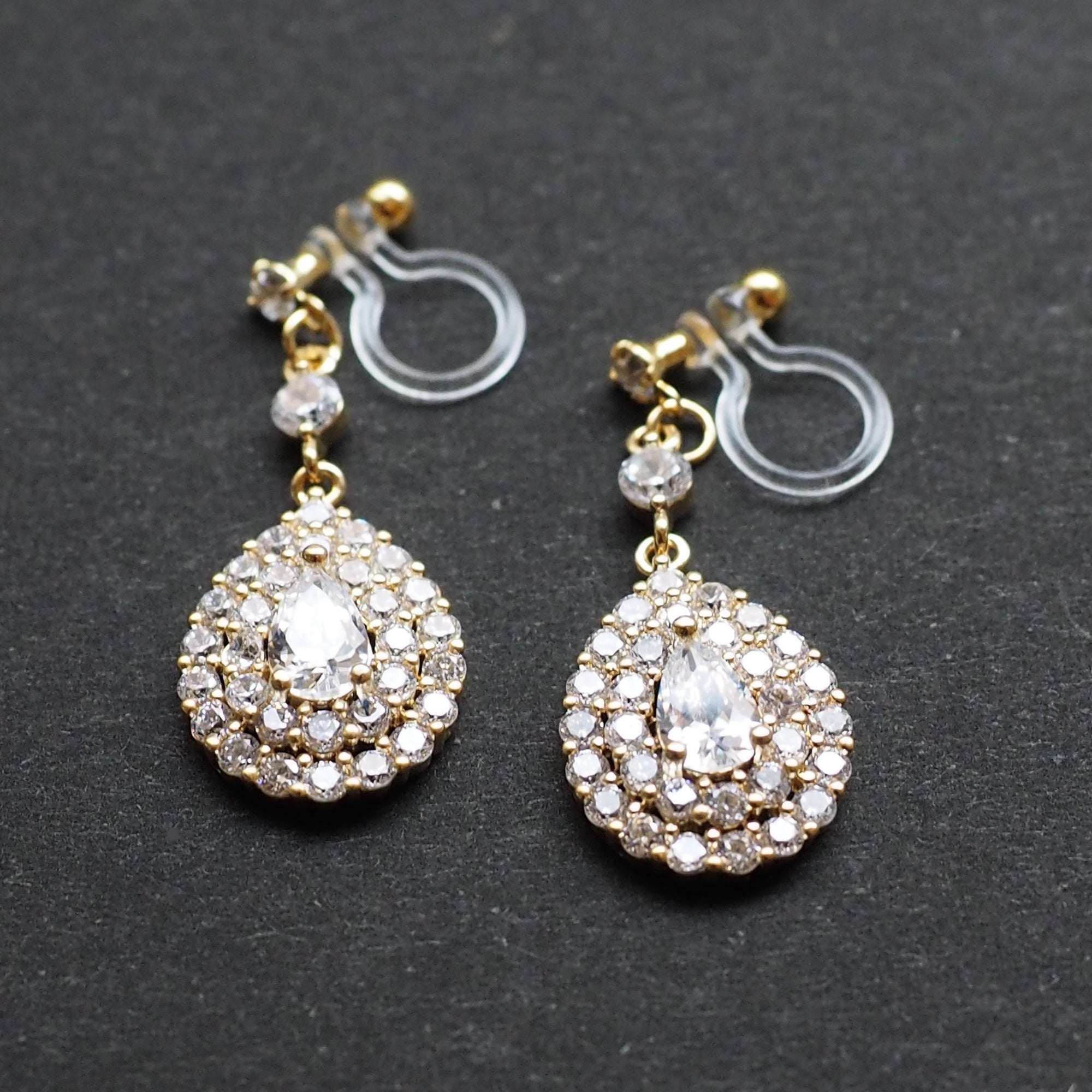 Bridal large teardrop cubic zirconia invisible clip on earrings ( gold tone ) - miyabigracejewelry.com