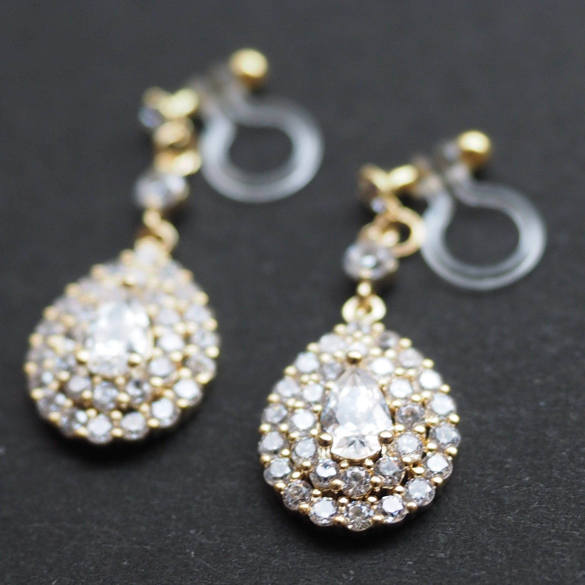 Bridal large teardrop cubic zirconia invisible clip on earrings ( gold tone ) - miyabigracejewelry.com