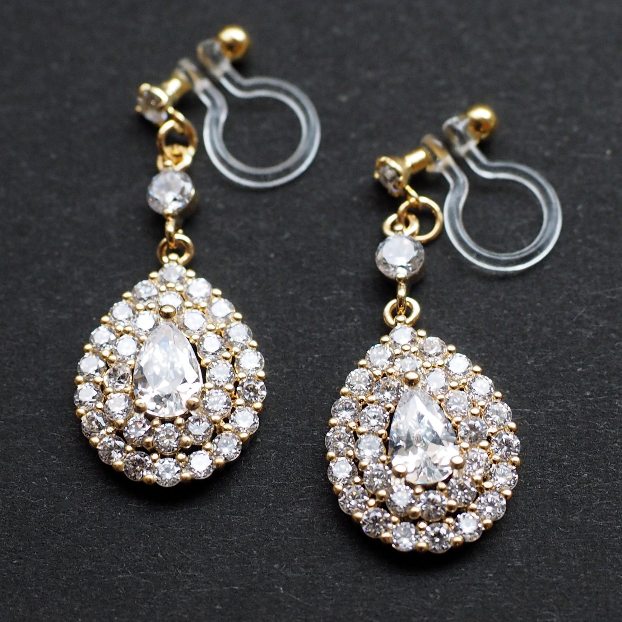 Bridal large teardrop cubic zirconia invisible clip on earrings ( gold tone ) - miyabigracejewelry.com