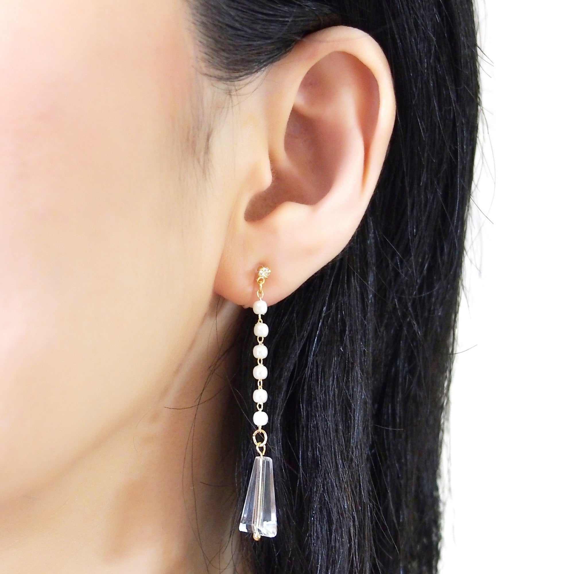 Dangle white pearl with triangle clear crystal invisible clip on earrings - miyabigracejewelry.com